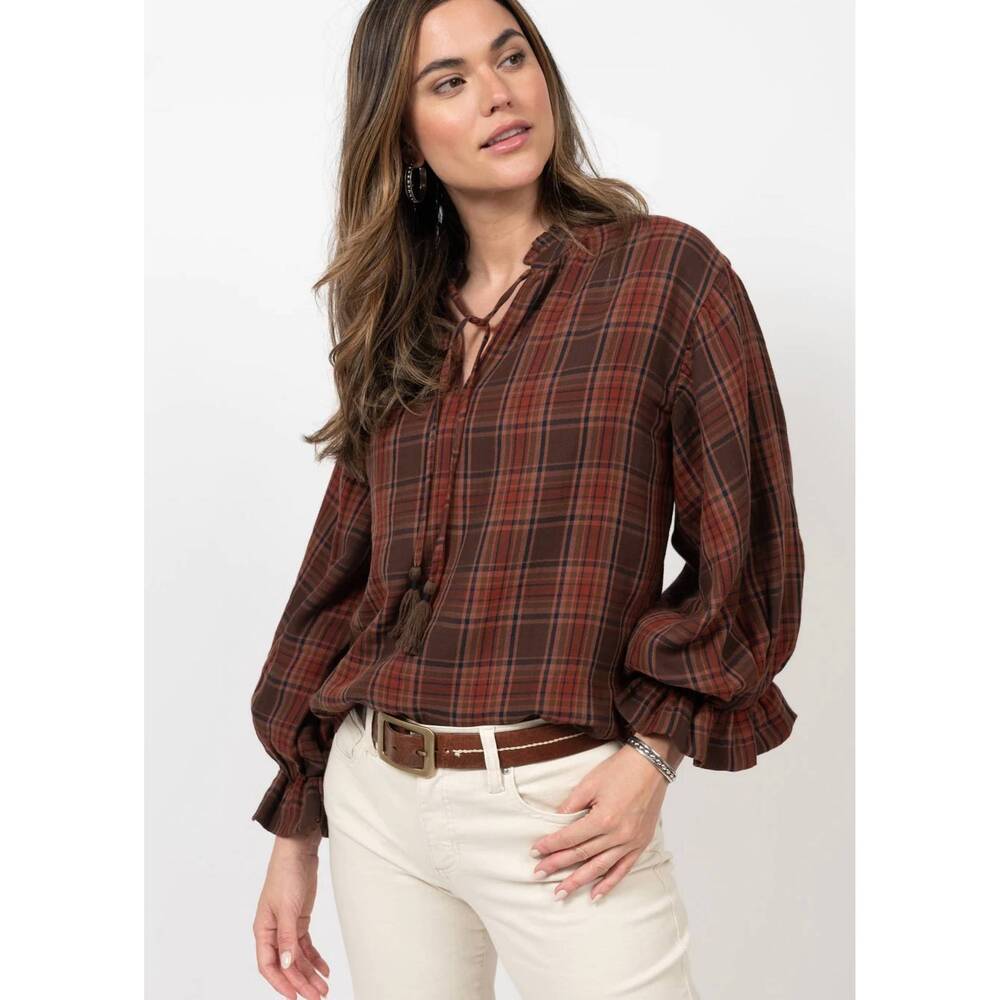 NEW IVY JANE plaid tie front top in brown